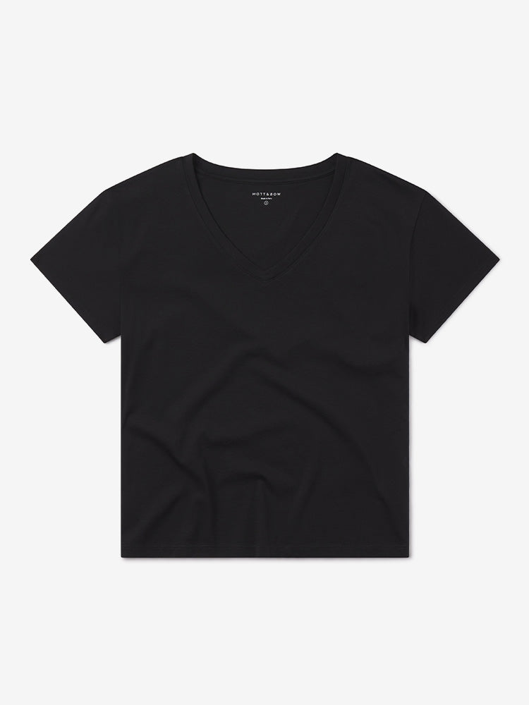 Women wearing Black The Cotton Relaxed V-Neck Tee