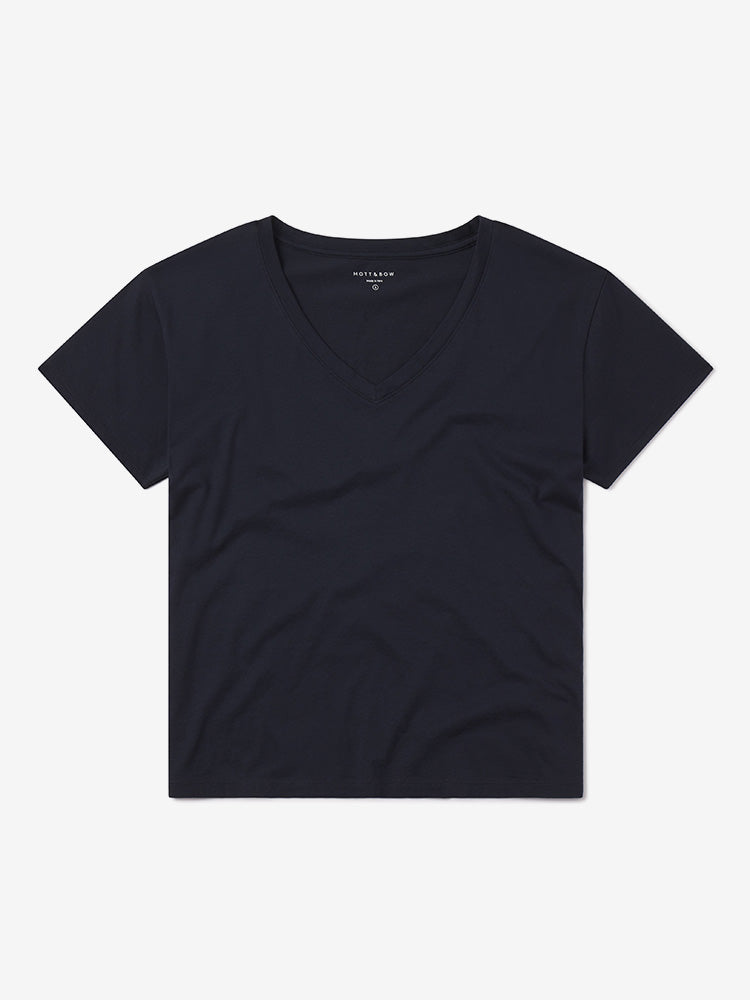 Women wearing Navy The Cotton Relaxed V-Neck Tee