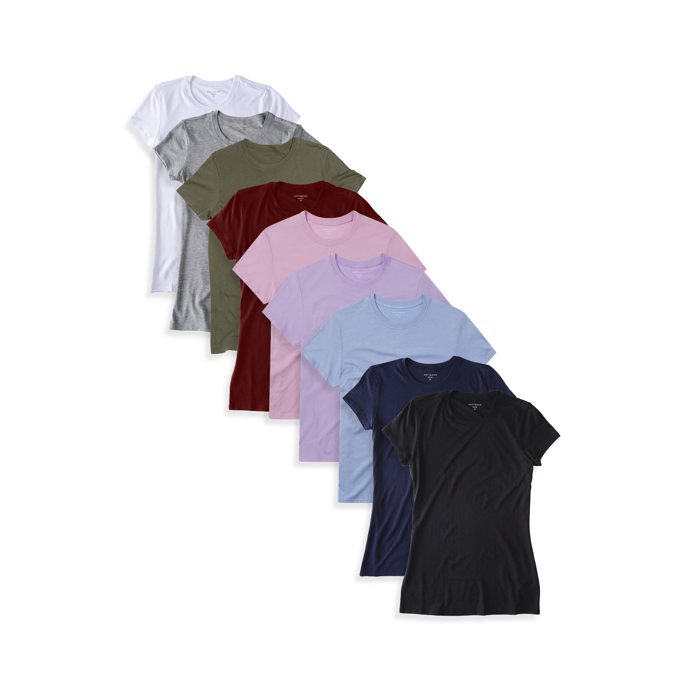  wearing Black/White/Heather Gray/Navy/Military Green/Crimson/Lilac/Rose Pink/Hydrangea Fitted Crew Marcy 9-Pack