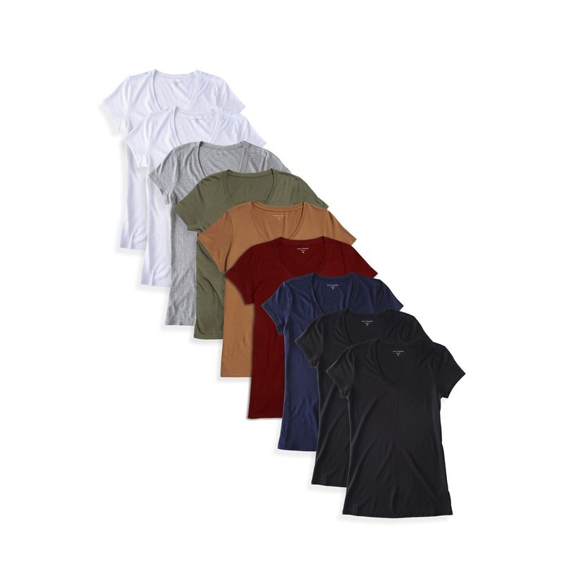  wearing 2 White/2 Black/Heather Gray/Navy/Military Green/Crimson/Cardamon Fitted V-Neck Marcy 9-Pack