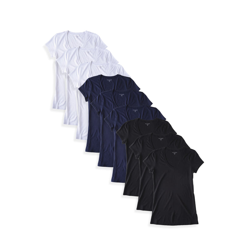  wearing 3 White/3 Navy/3 Black Fitted V-Neck Marcy 9-Pack