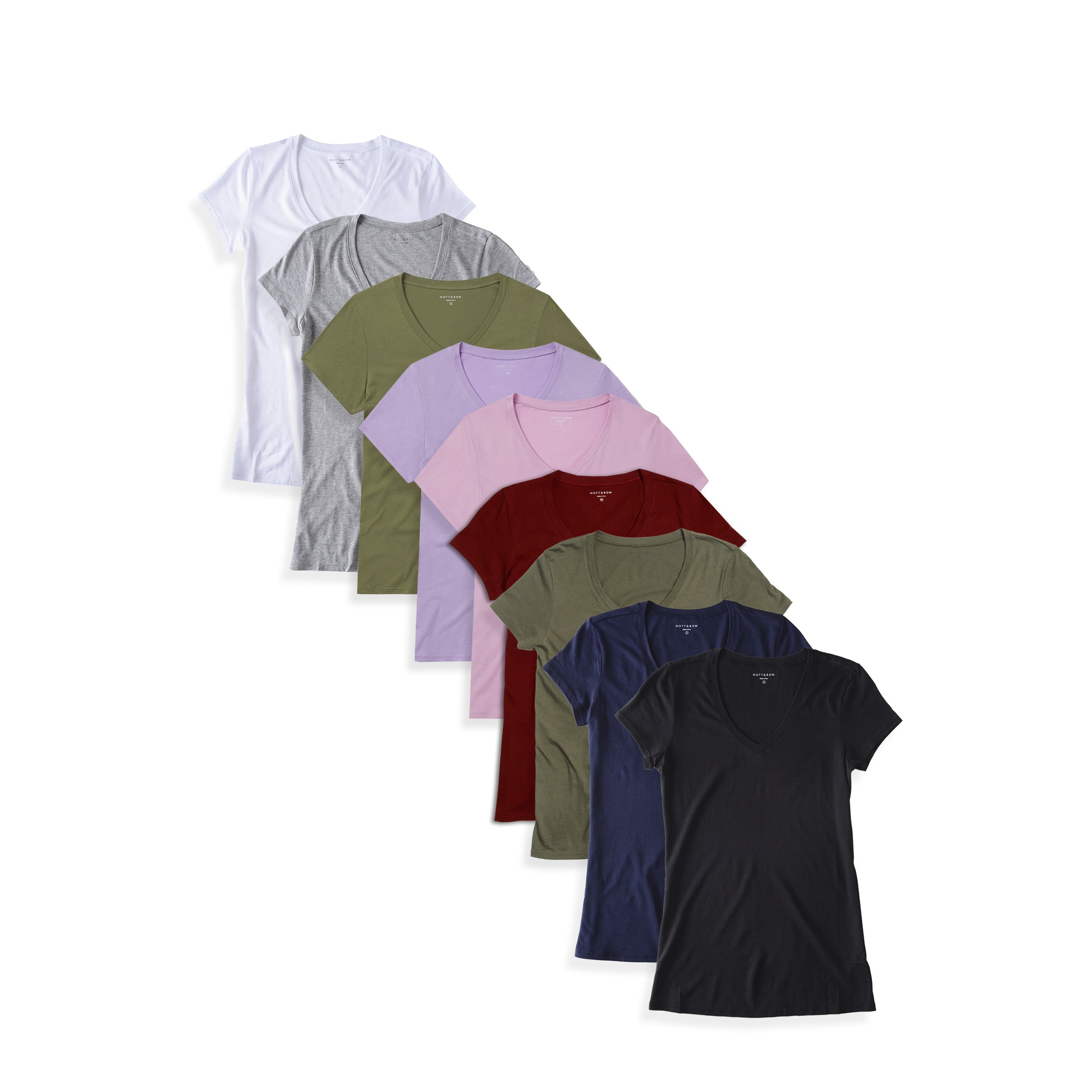  wearing Black/White/Heather Gray/Navy/Military Green/Crimson/Lilac/Rose Pink/Rosemary Fitted V-Neck Marcy 9-Pack