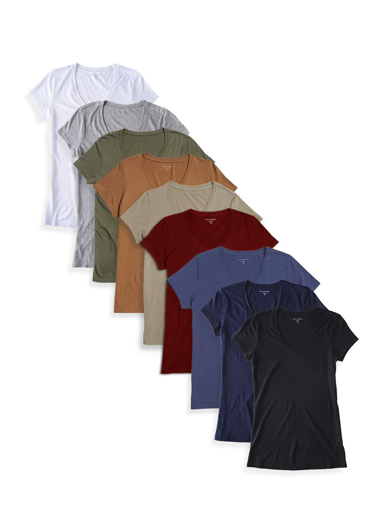 Women wearing White/Black/Heather Gray/Navy/Military Green/Crimson/Cardamom/Olive/Vintage Navy Fitted V-Neck Marcy 9-Pack tees