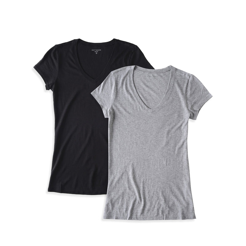 Women wearing Heather Gray/Black Fitted V-Neck Marcy 2-Pack