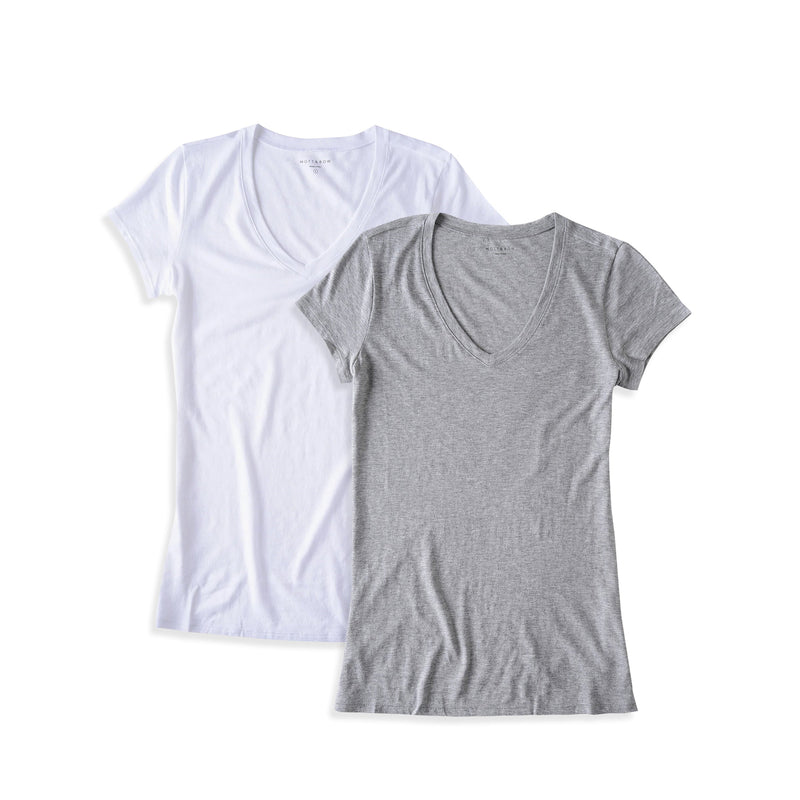 Women wearing Heather Gray/White Fitted V-Neck Marcy 2-Pack