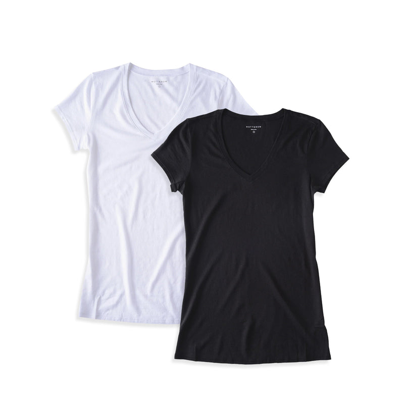 Women wearing White/Black Fitted V-Neck Marcy 2-Pack