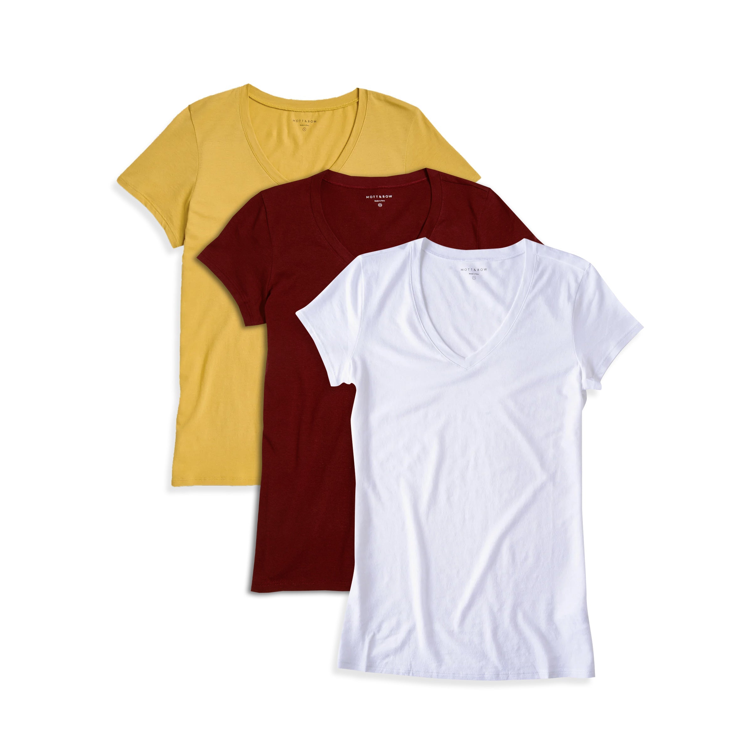 Women wearing Golden Brown/Crimson/White Fitted V-Neck Marcy 3-Pack