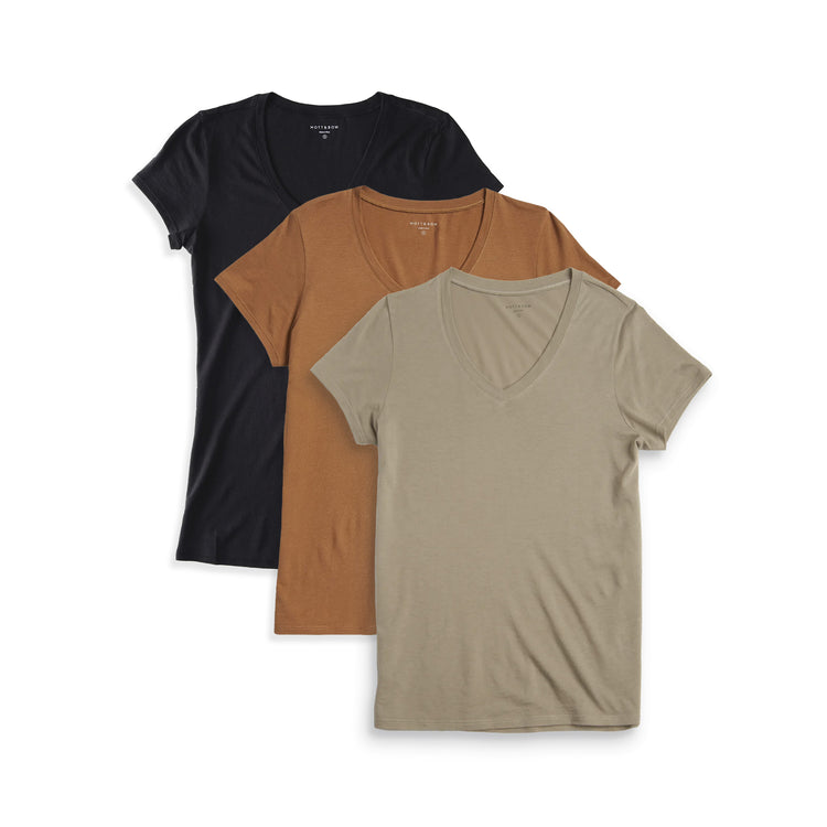 Women wearing Black/Cardamon/Olive Fitted V-Neck Marcy 3-Pack