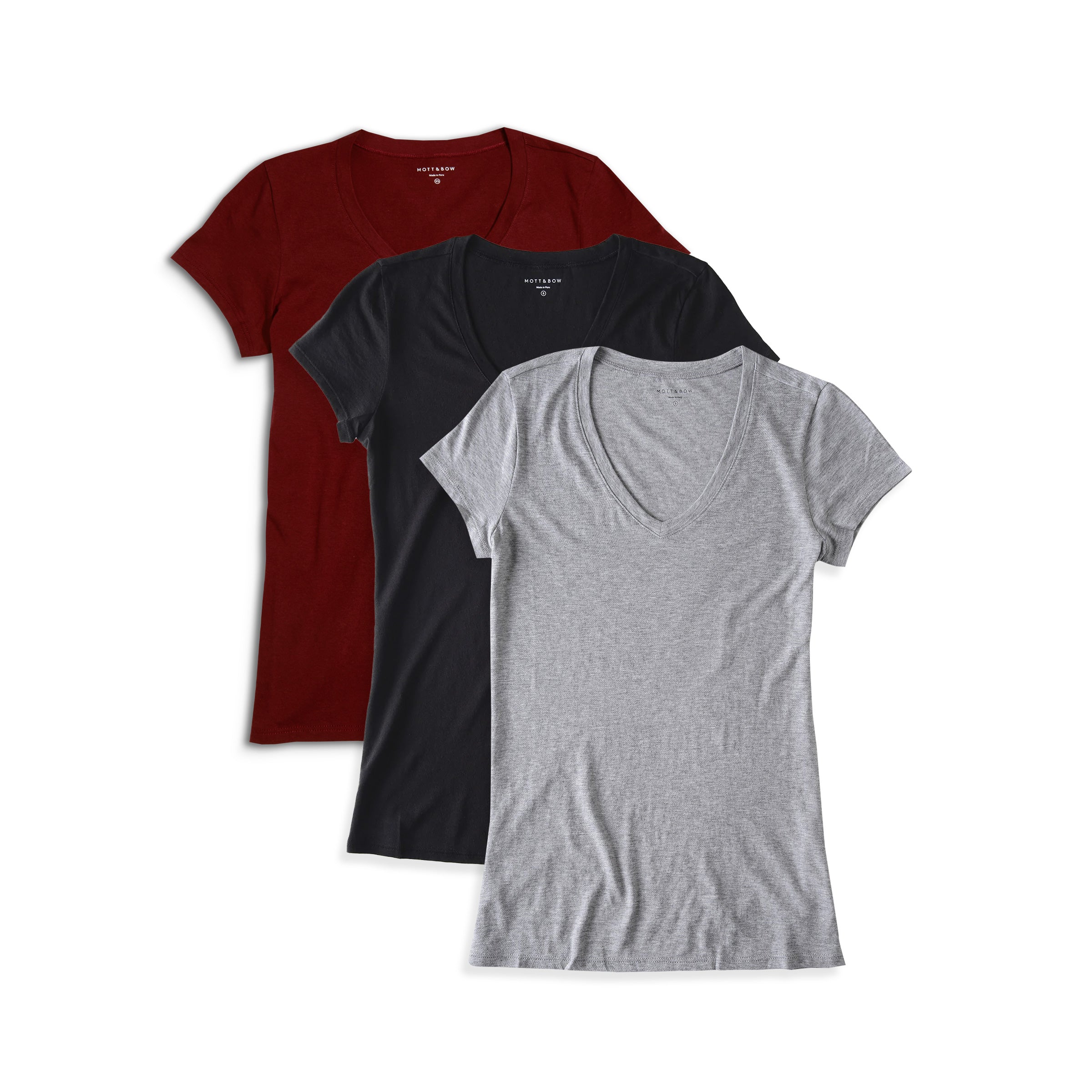 Women wearing Black/Heather Gray/Crimson Fitted V-Neck Marcy 3-Pack