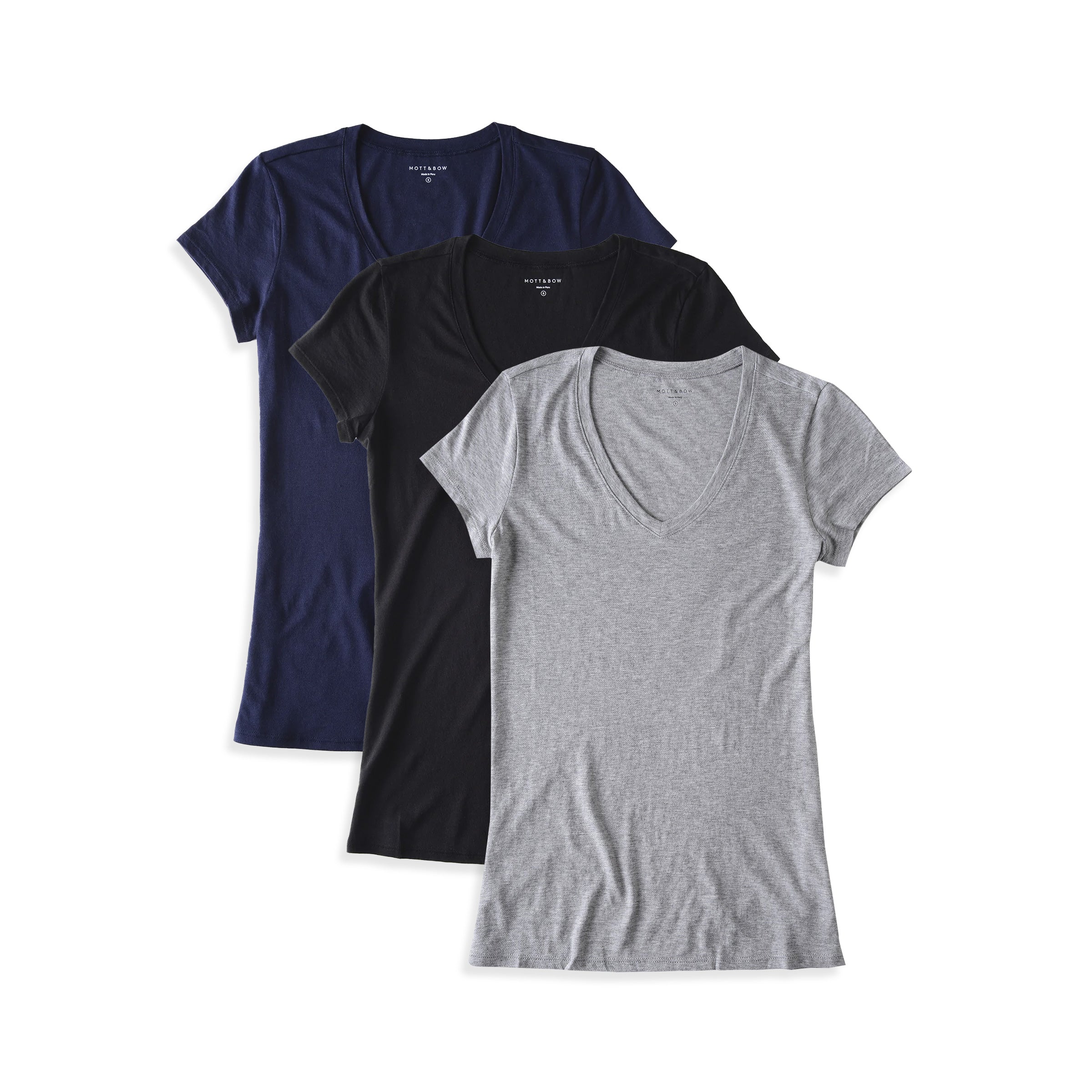 Women wearing Black/Heather Gray/Navy Fitted V-Neck Marcy 3-Pack