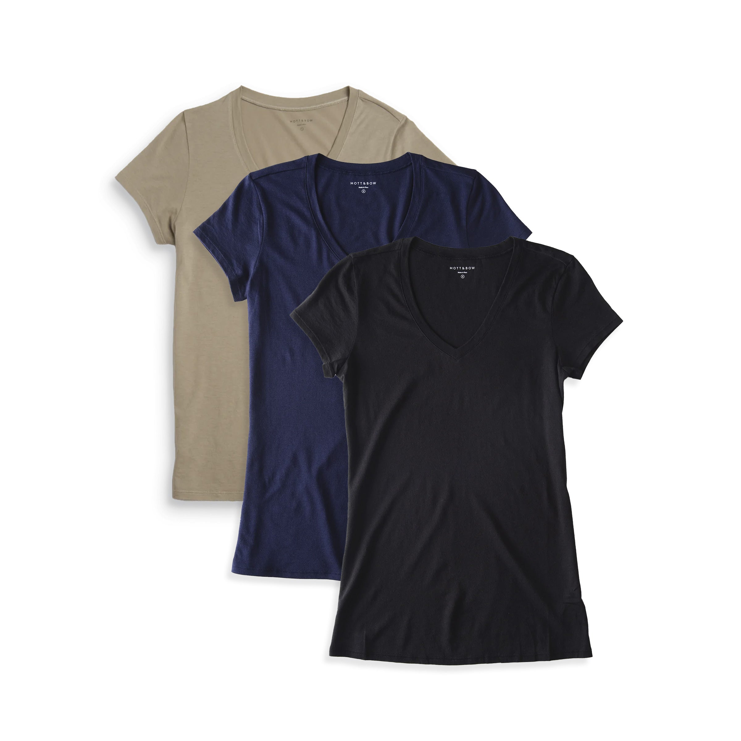 Women wearing Black/Navy/Olive Fitted V-Neck Marcy 3-Pack