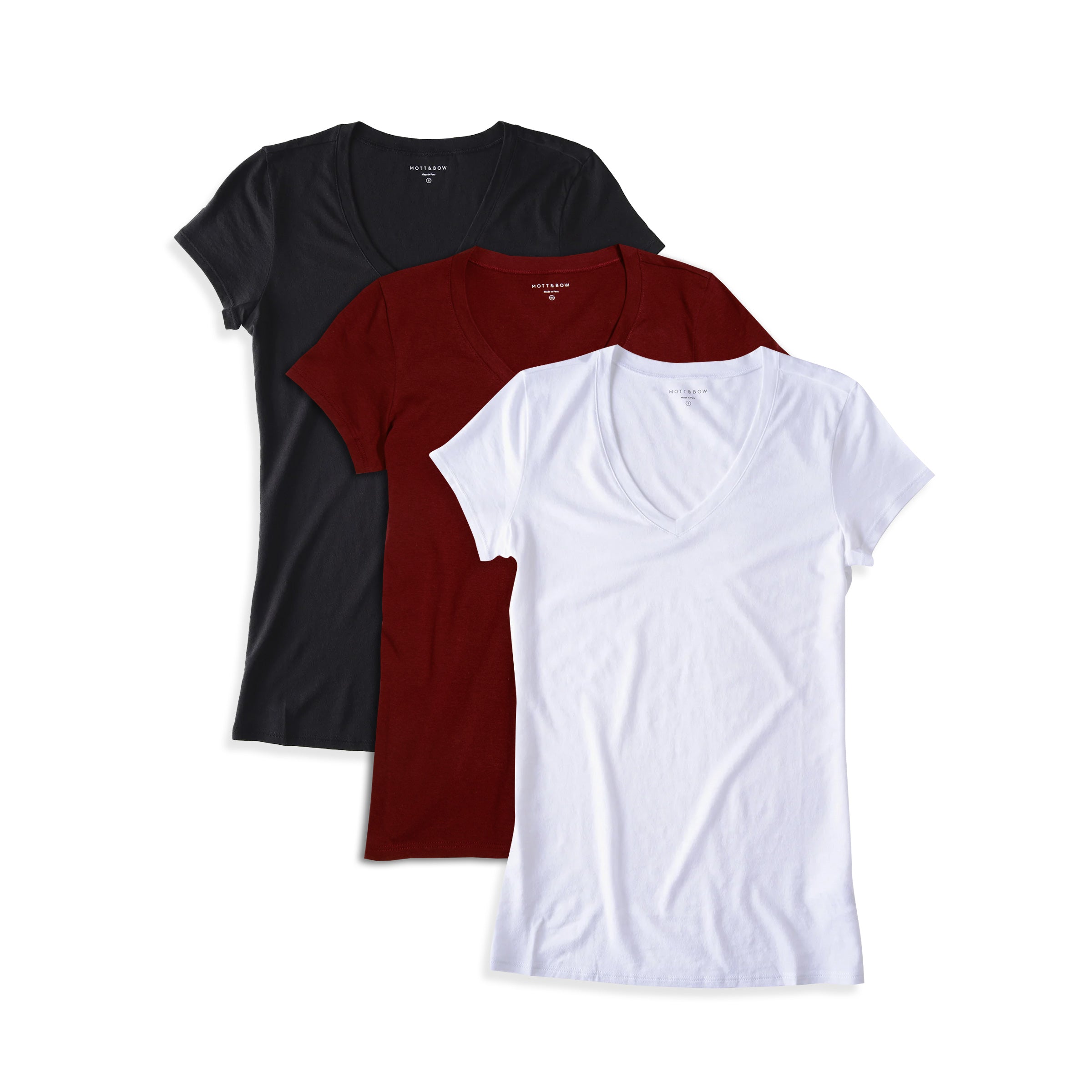 Women wearing Black/Crimson/White Fitted V-Neck Marcy 3-Pack