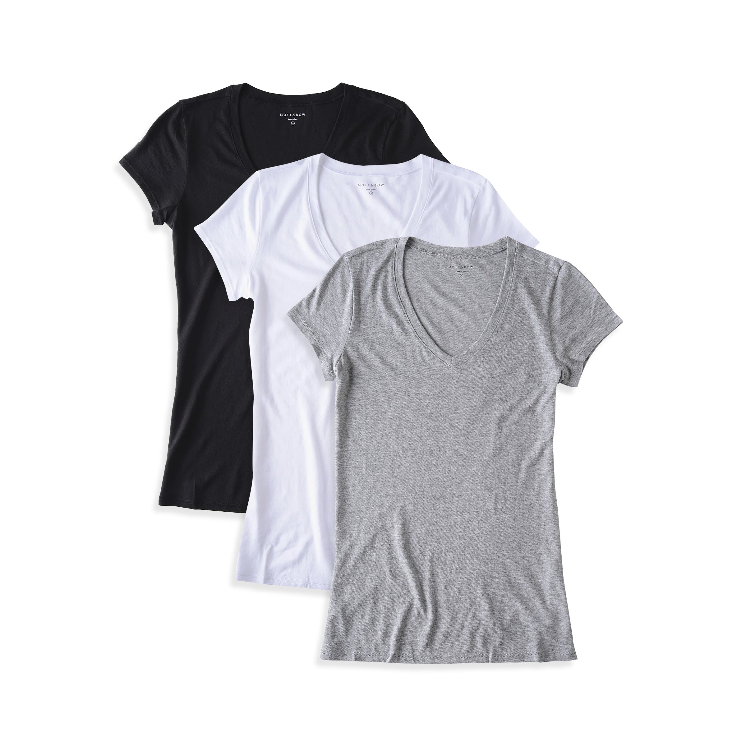 Women wearing Black/White/Heather Gray Fitted V-Neck Marcy 3-Pack