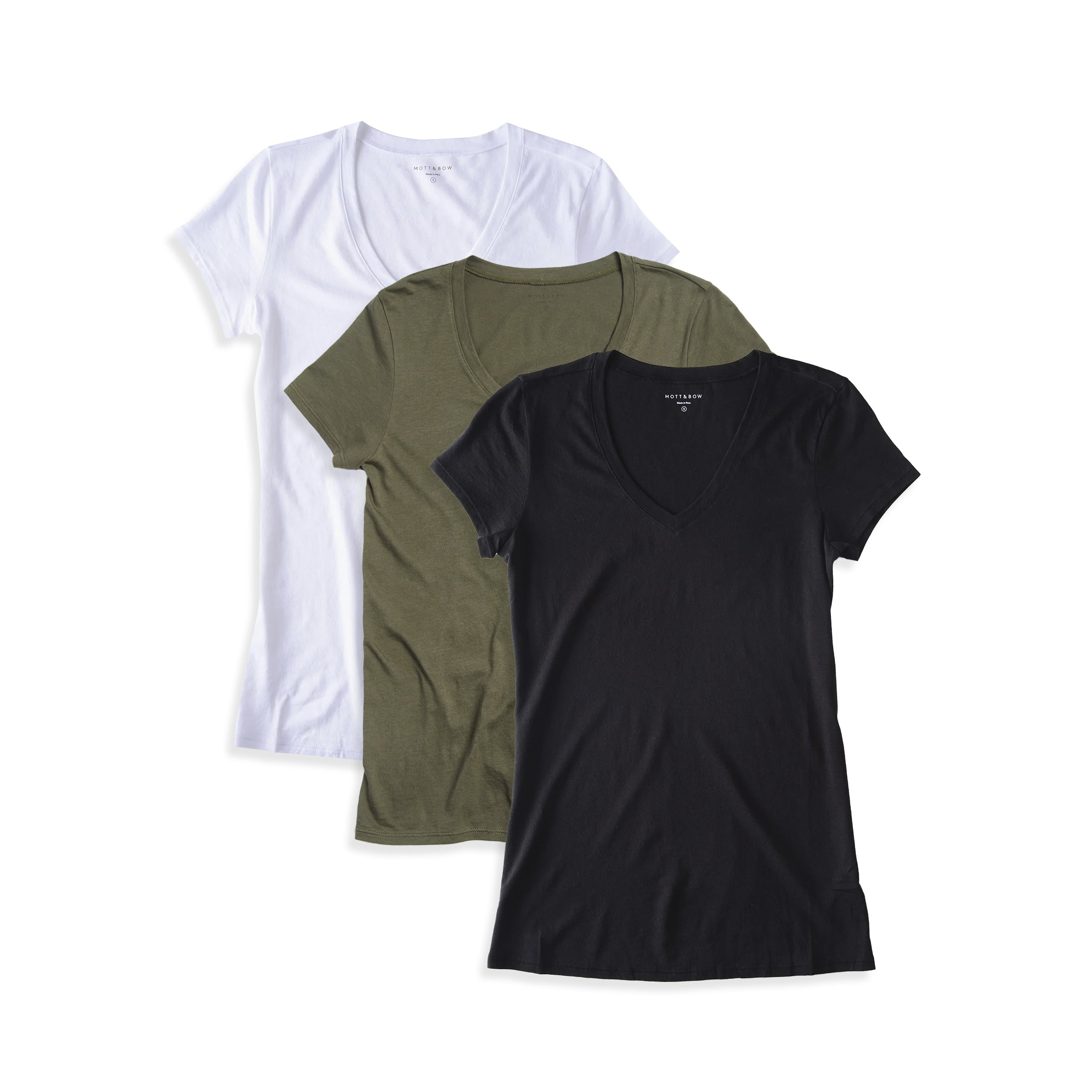 Women wearing Black/White/Military Green Fitted V-Neck Marcy 3-Pack