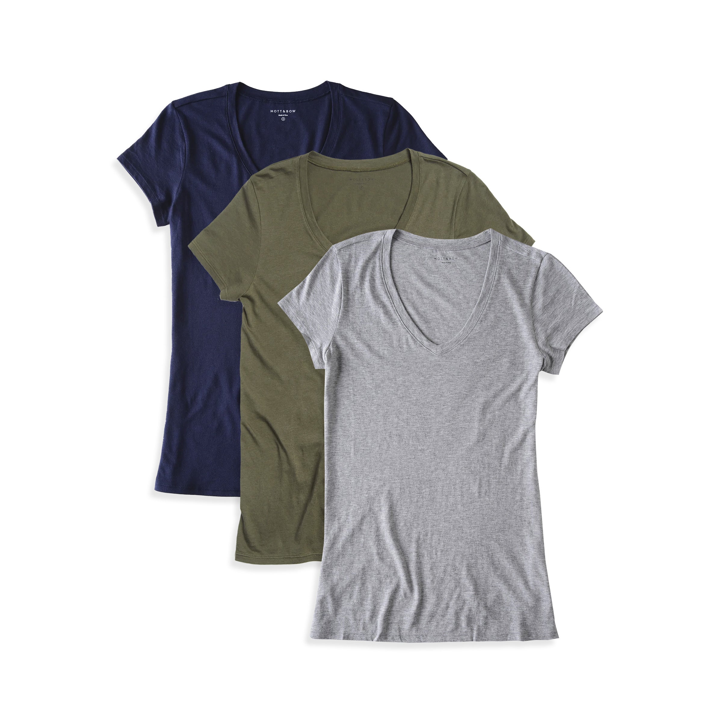 Women wearing Heather Gray/Navy/Military Green Fitted V-Neck Marcy 3-Pack