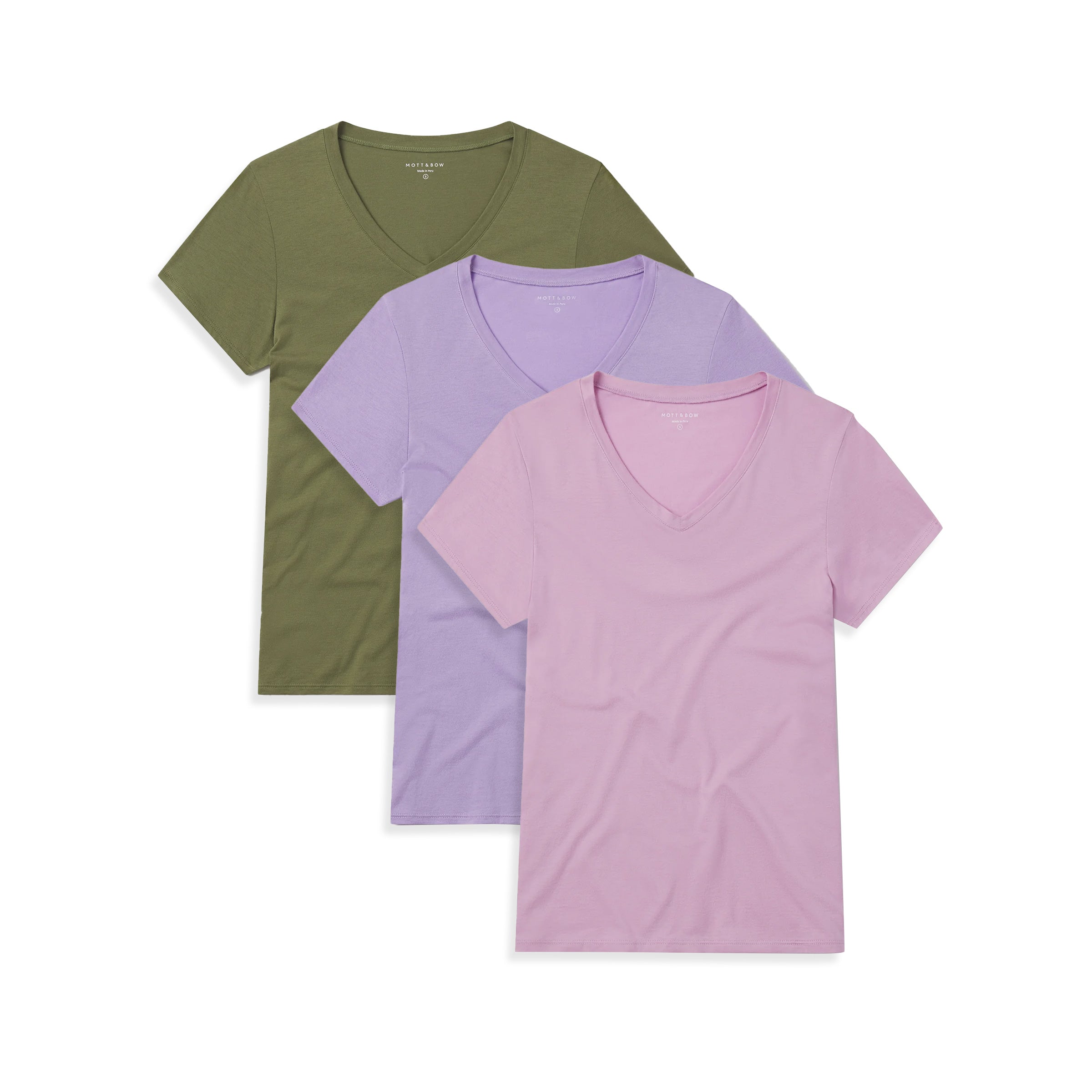 Women wearing Lilac/Rose Pink/Rosemary Fitted V-Neck Marcy 3-Pack