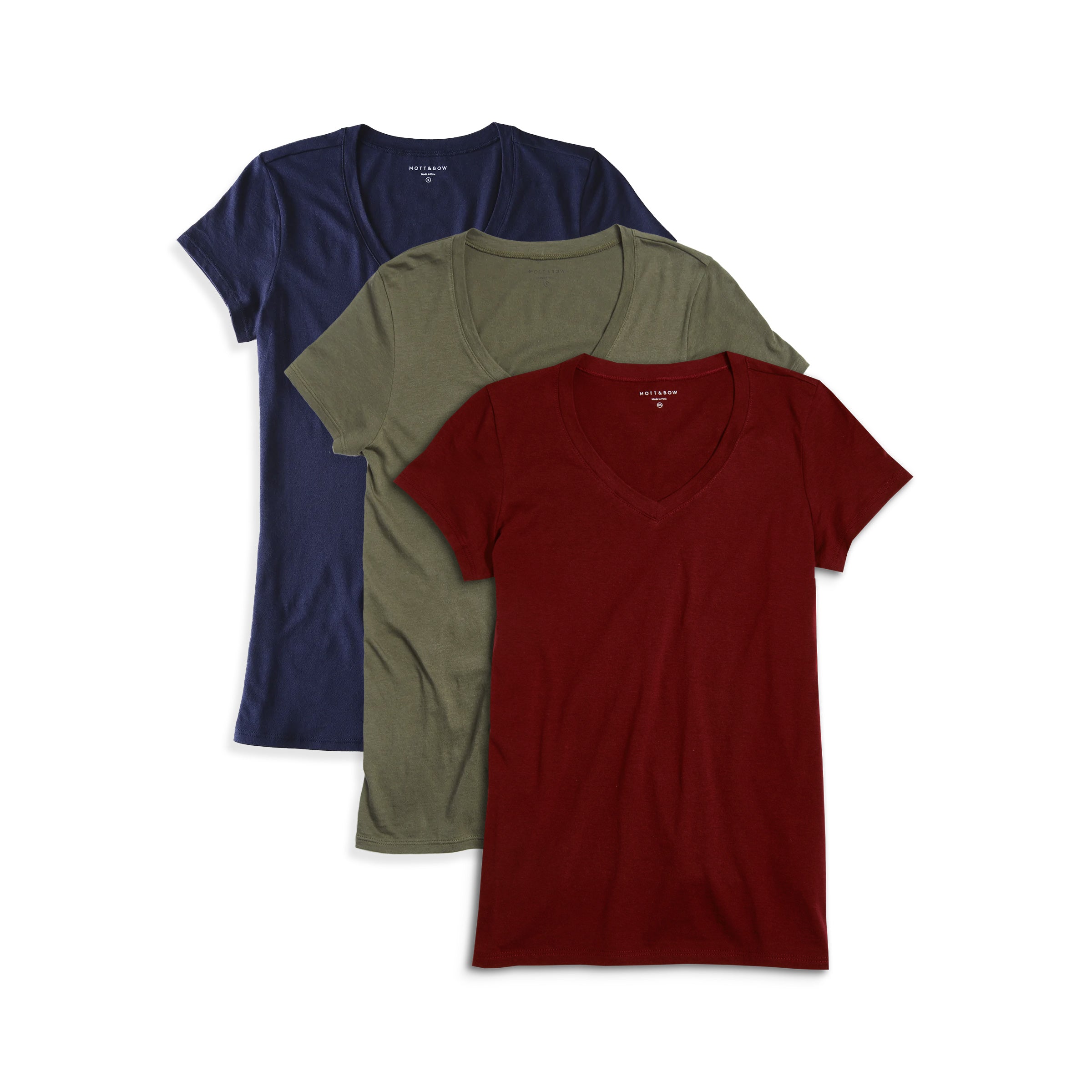 Women wearing Military Green/Navy/Crimson Fitted V-Neck Marcy 3-Pack