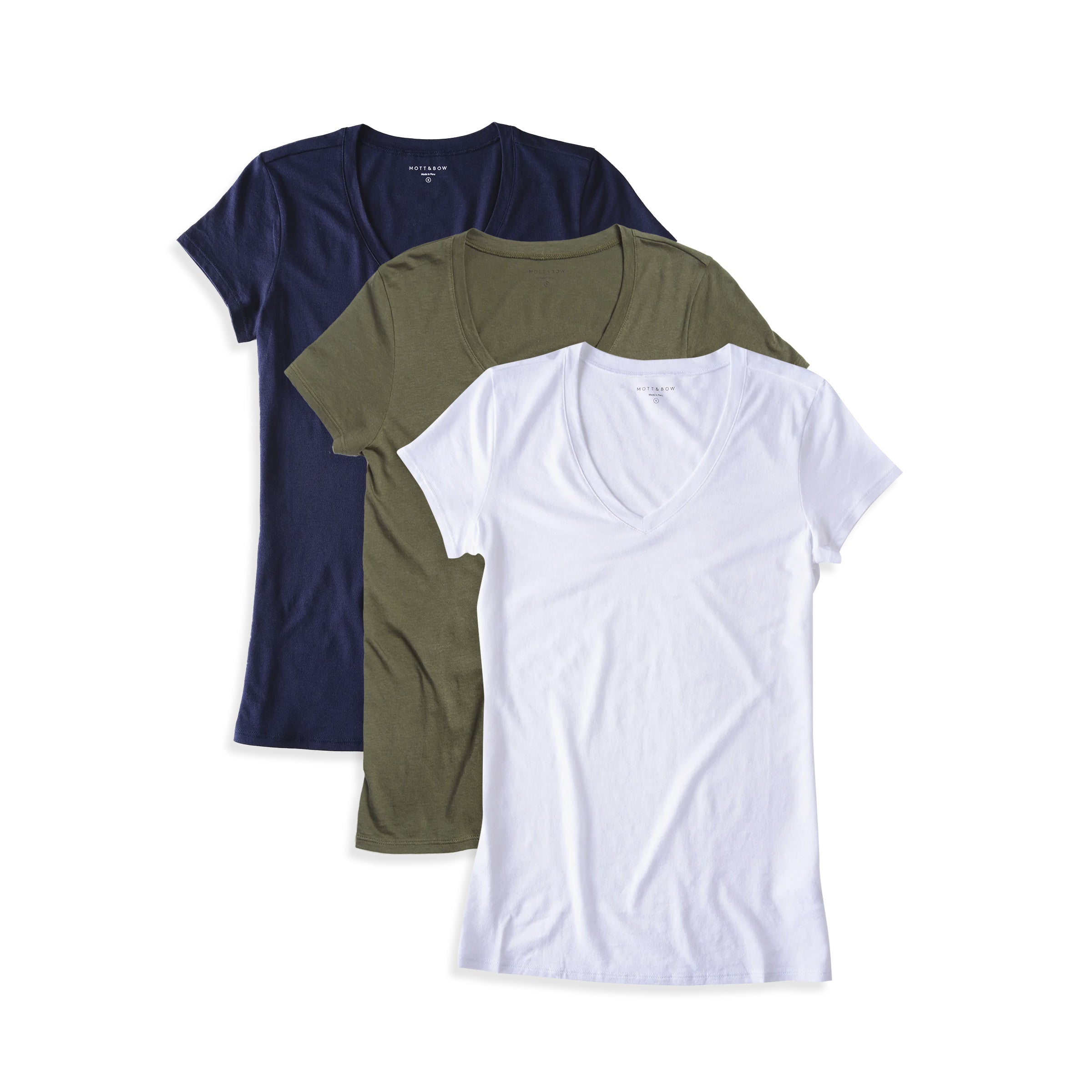 Women wearing Military Green/Navy/White Fitted V-Neck Marcy 3-Pack