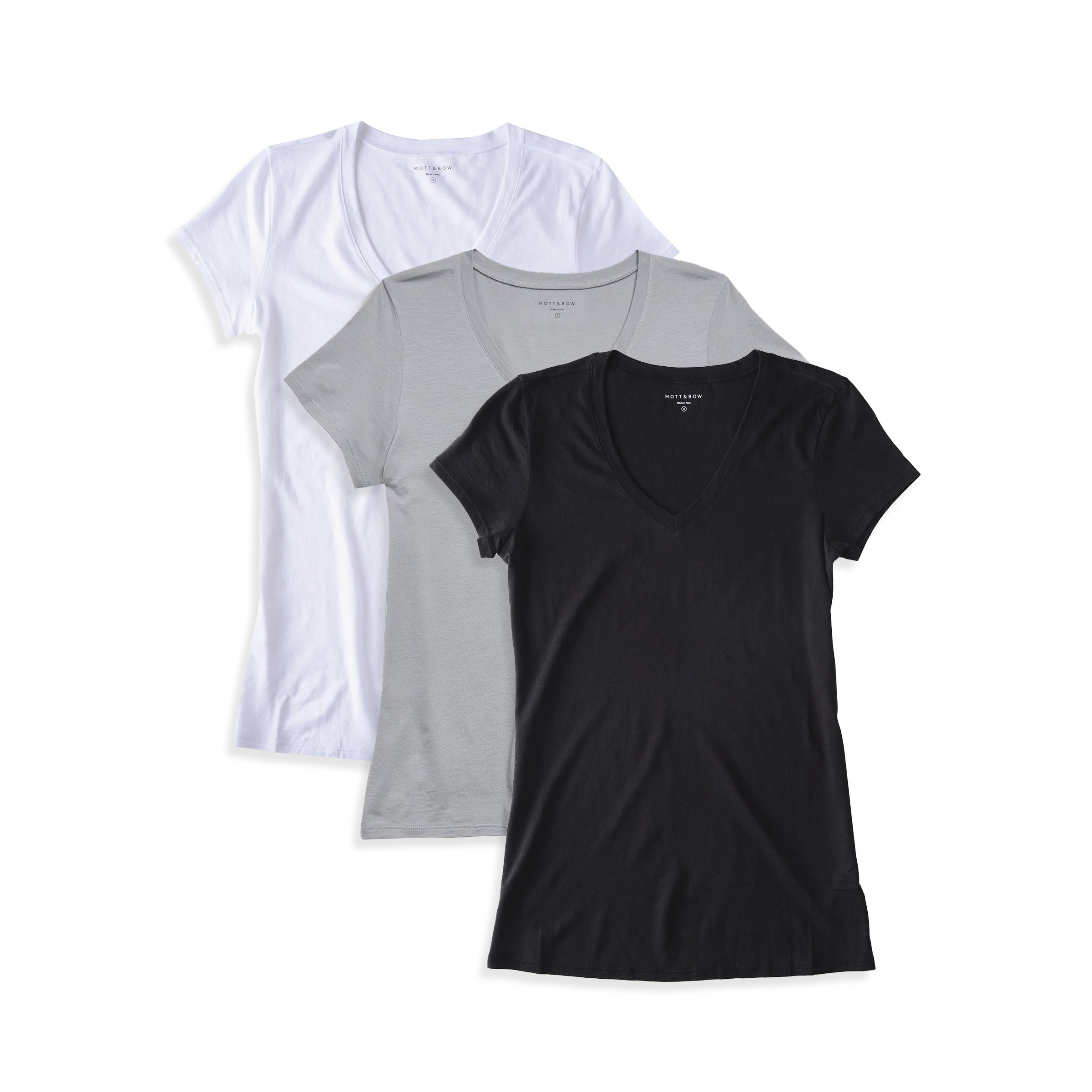 Women wearing White/Light Gray/Black Fitted V-Neck Marcy 3-Pack