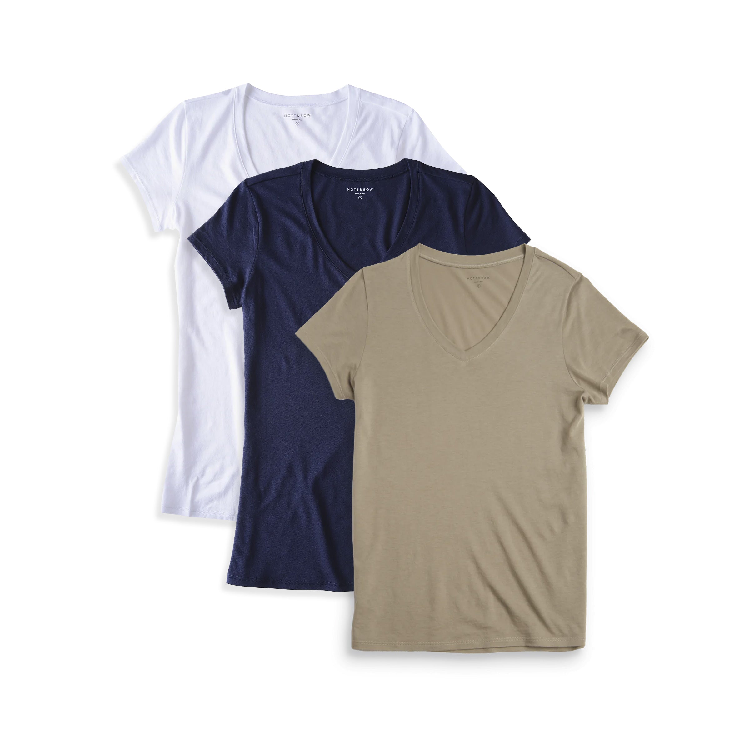 Women wearing White/Navy/Olive Fitted V-Neck Marcy 3-Pack