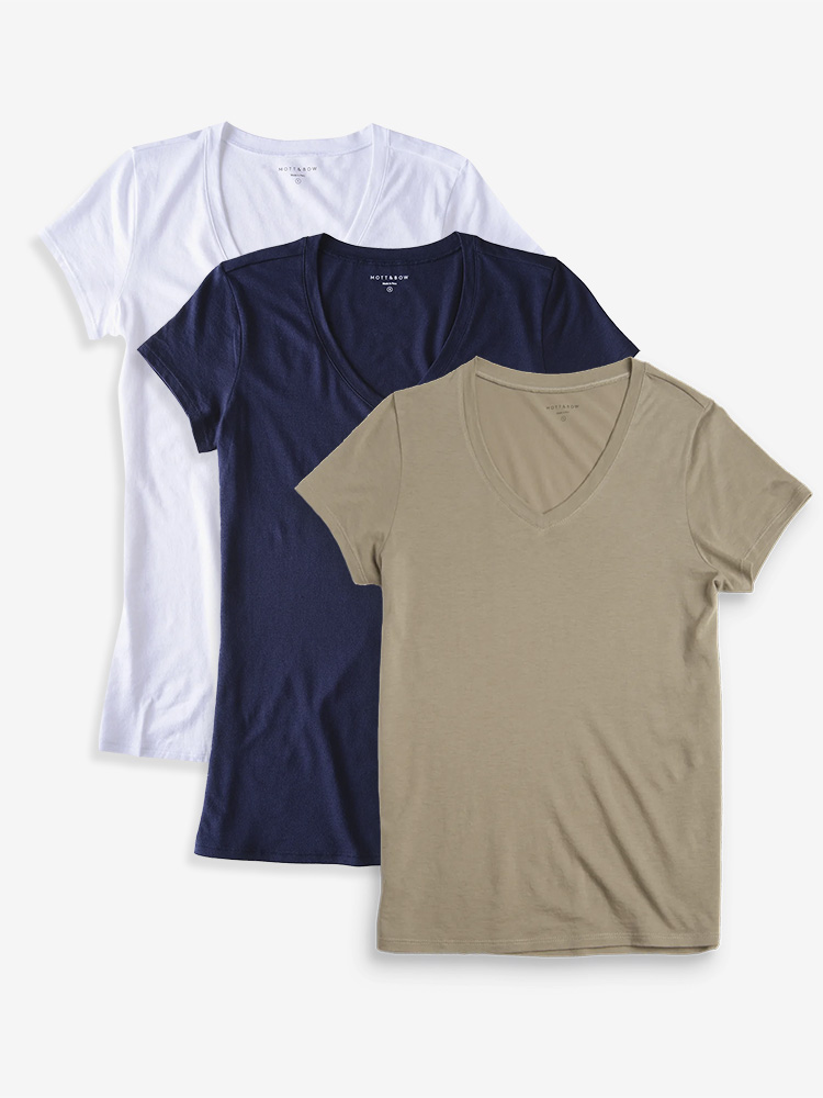 Women wearing White/Navy/Olive Fitted V-Neck Marcy 3-Pack tees