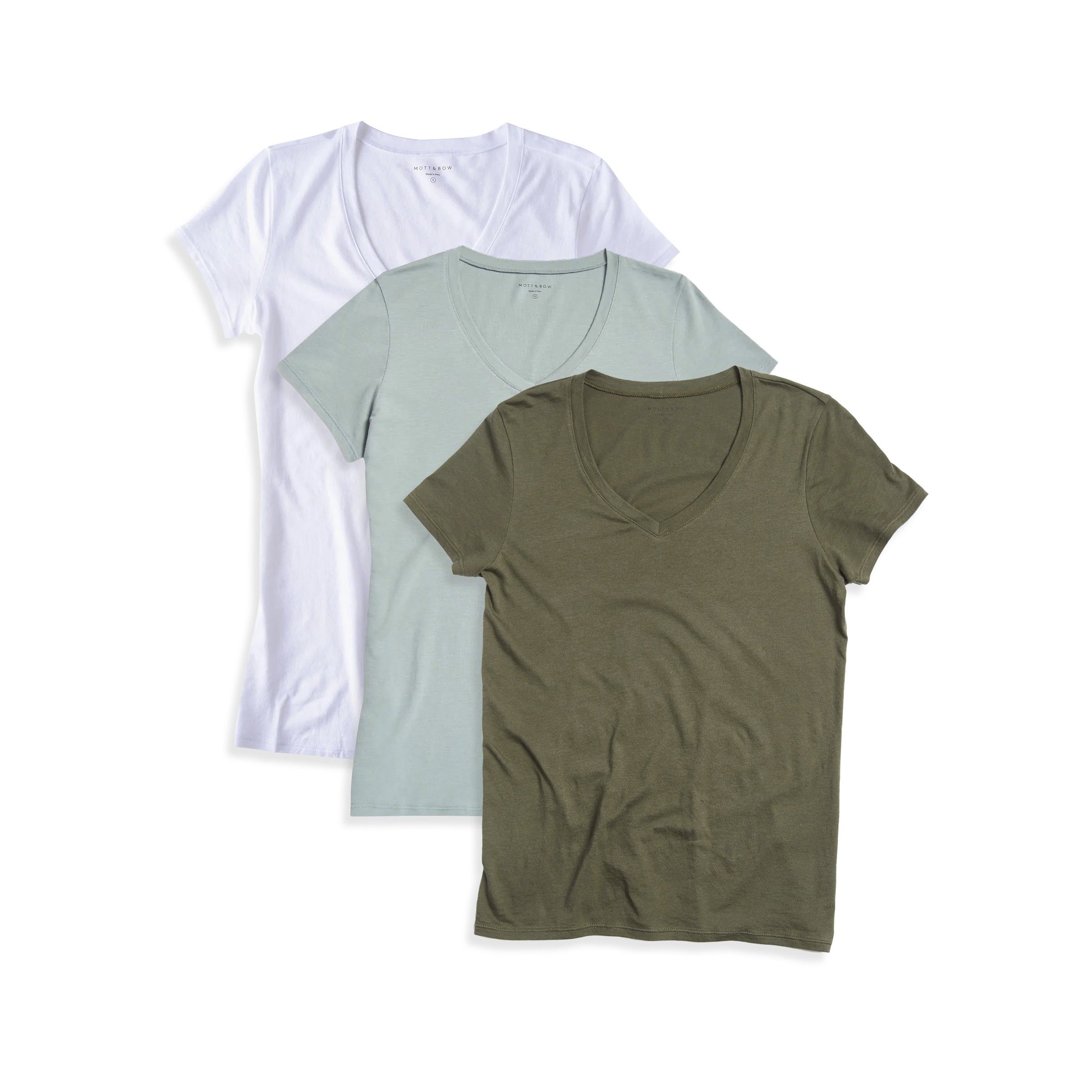 Women wearing White/Vine/Military Green Fitted V-Neck Marcy 3-Pack