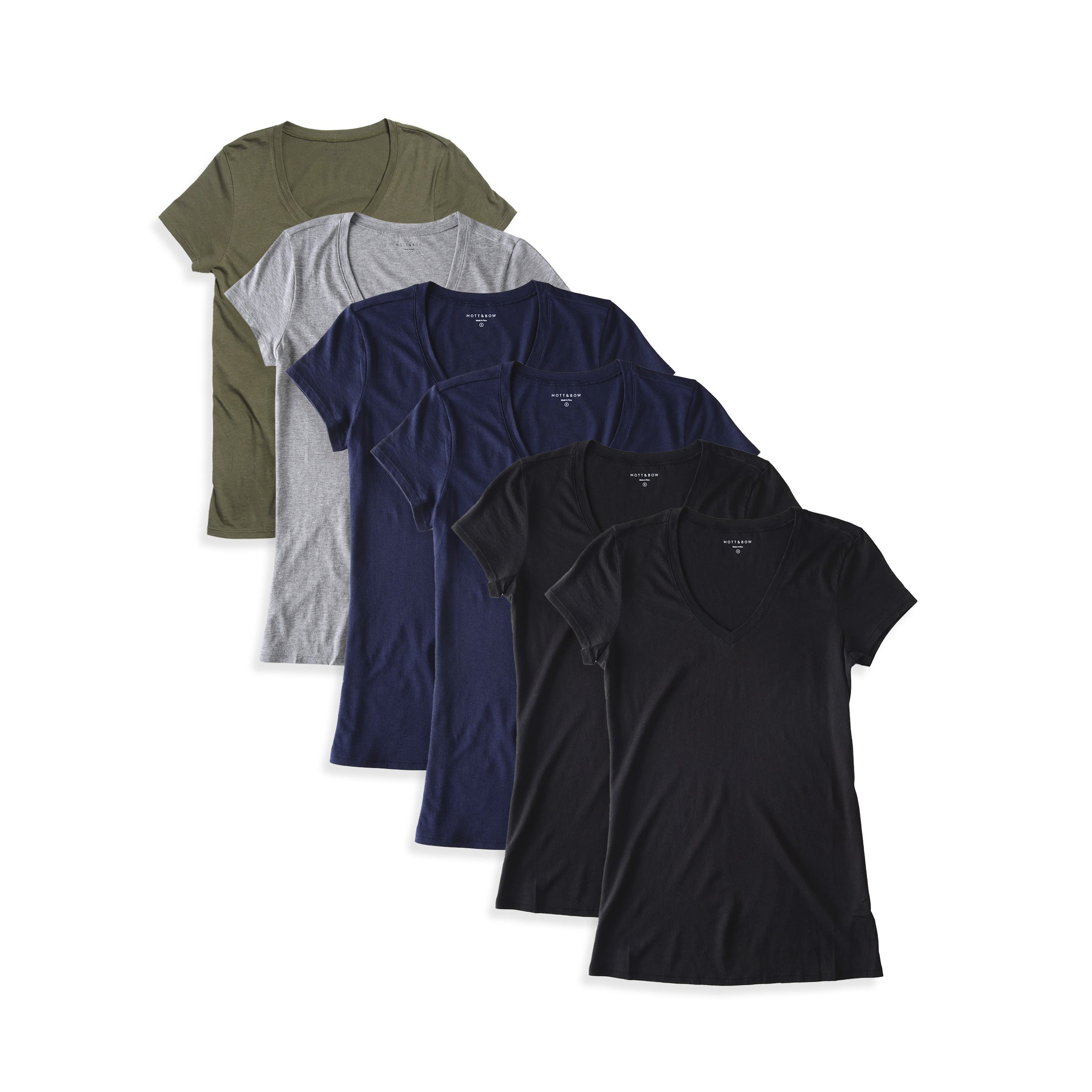  wearing 2 Black/2 Navy/Heather Gray/Military Green Fitted V-Neck Marcy 6-Pack