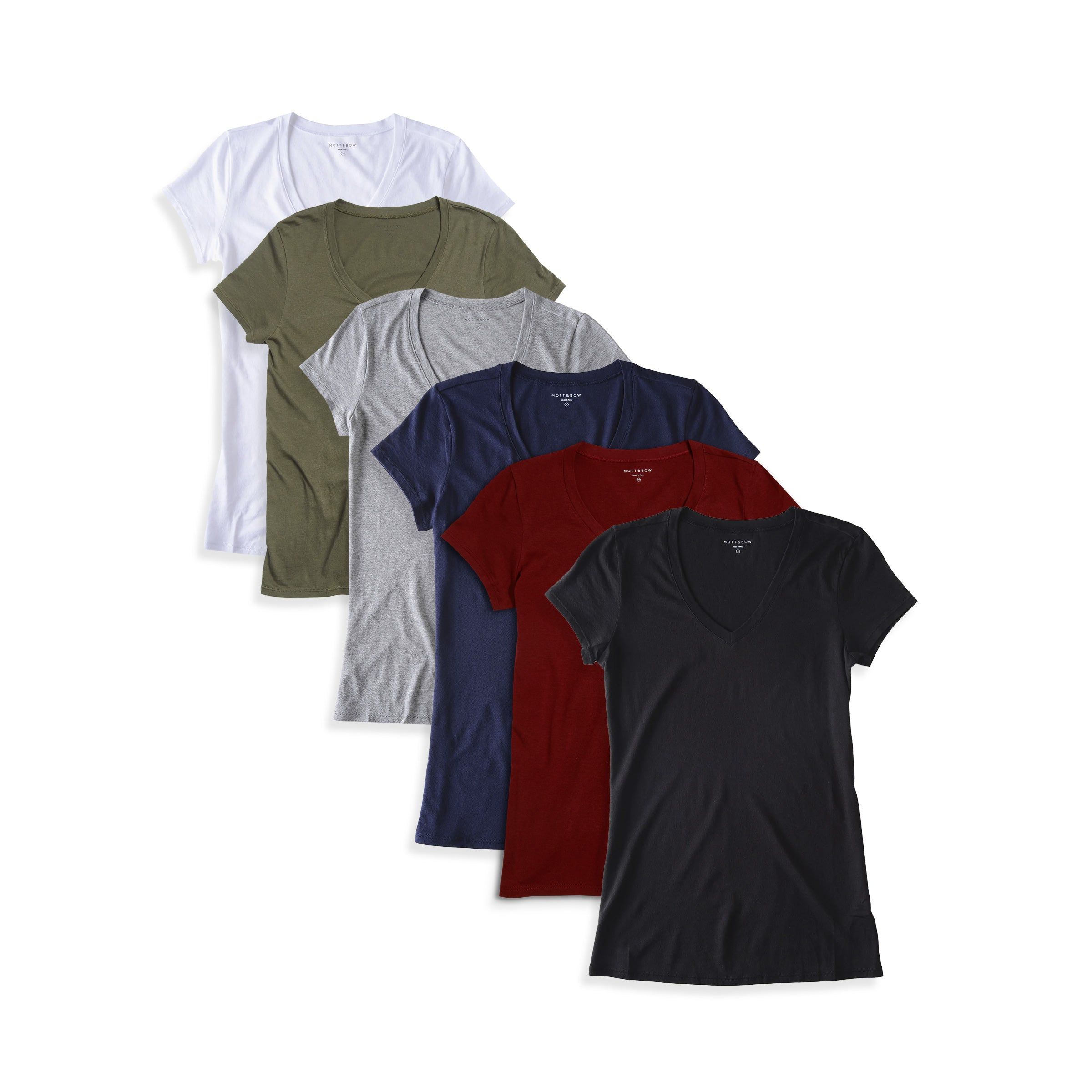  wearing Black/White/Heather Gray/Navy/Military Green/Crimson Fitted V-Neck Marcy 6-Pack