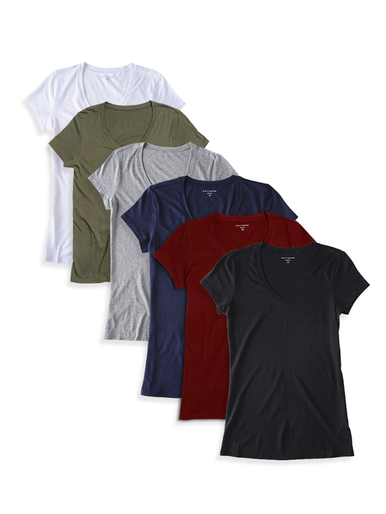 Women wearing Blanc/Blanc Vintage/Gris Chiné/Olive Fitted V-Neck Marcy 6-Pack tees