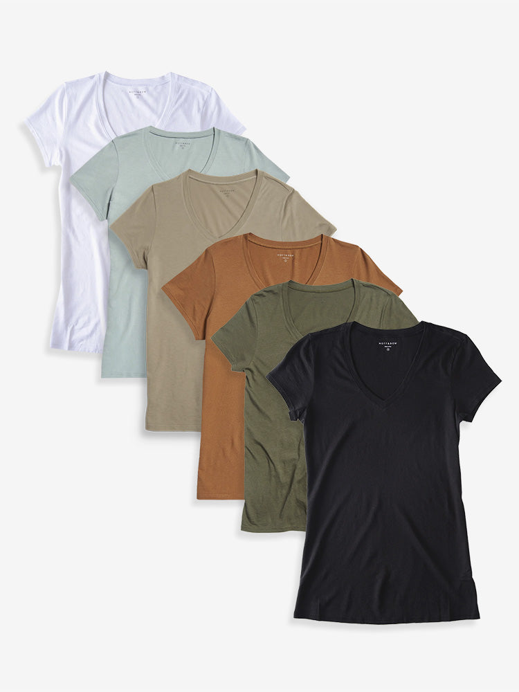 Women wearing Blanco/Blanco vintage/Gris jaspeado/Verde oliva Fitted V-Neck Marcy 6-Pack tees