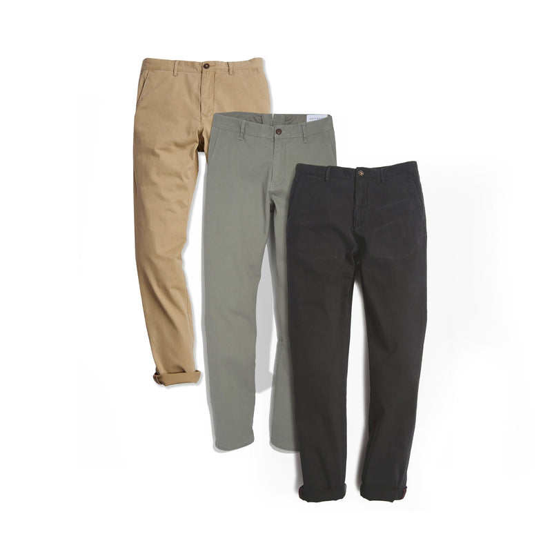  wearing Khaki/Light Gray/Dark Gray The Twill Chino Charles 3-Pack