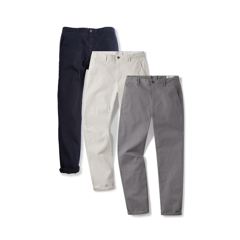  wearing Navy/Beige/Gray The Twill Chino Charles 3-Pack