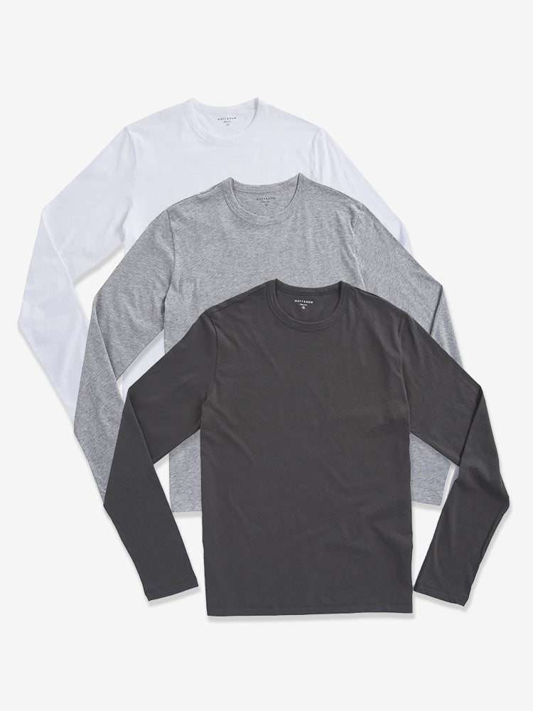 Men wearing Heather Gray/White/Dark Gray Long Sleeve Crew Tee Driggs 3-Pack