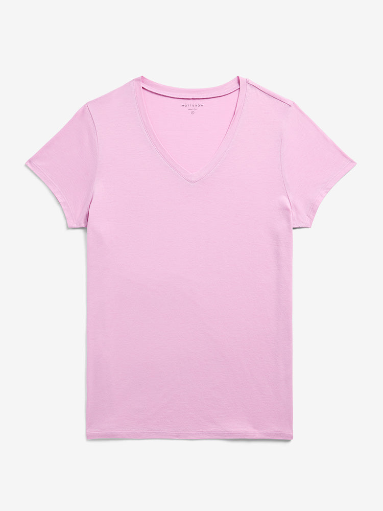 Women wearing Rose Pink Fitted V-Neck Marcy Tee