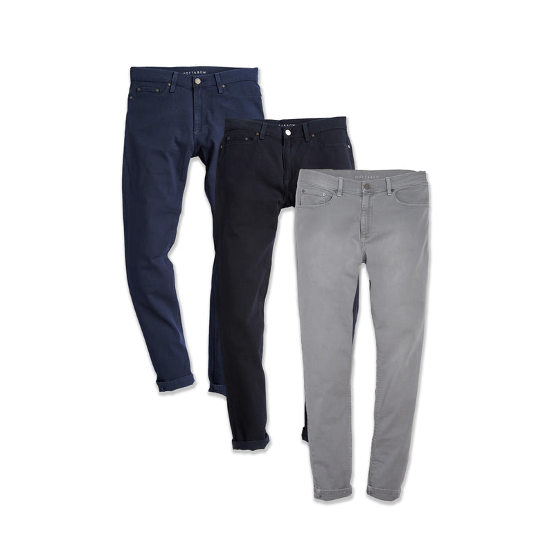  wearing Blue/Navy/Light Gray Slim Mercer Jeans 3-Pack