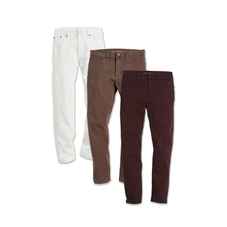  wearing Clay/Burgundy/Bone Slim Mercer Jeans 3-Pack