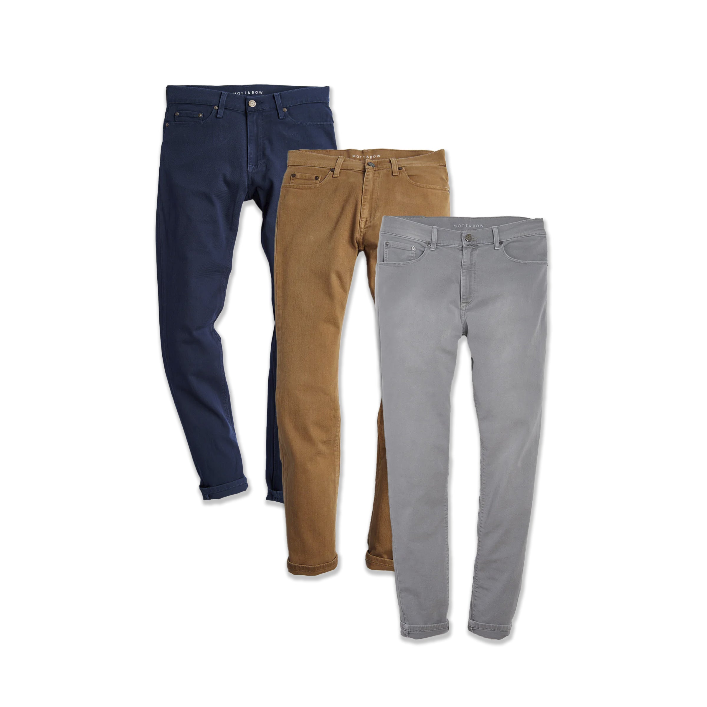  wearing Khaki/Blue/Light Gray Slim Mercer Jeans 3-Pack