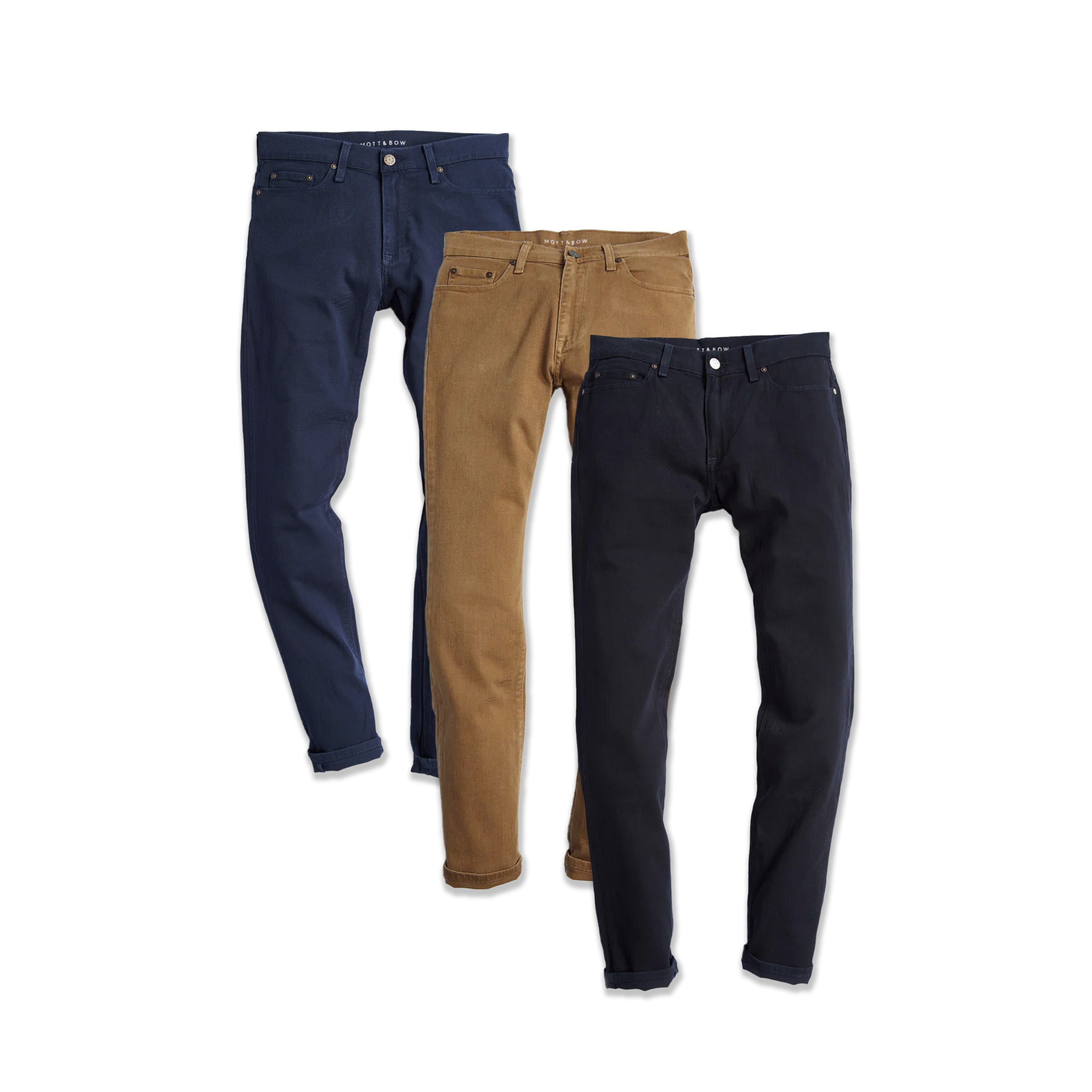  wearing Khaki/Blue/Navy Skinny Mercer Jeans 3-Pack