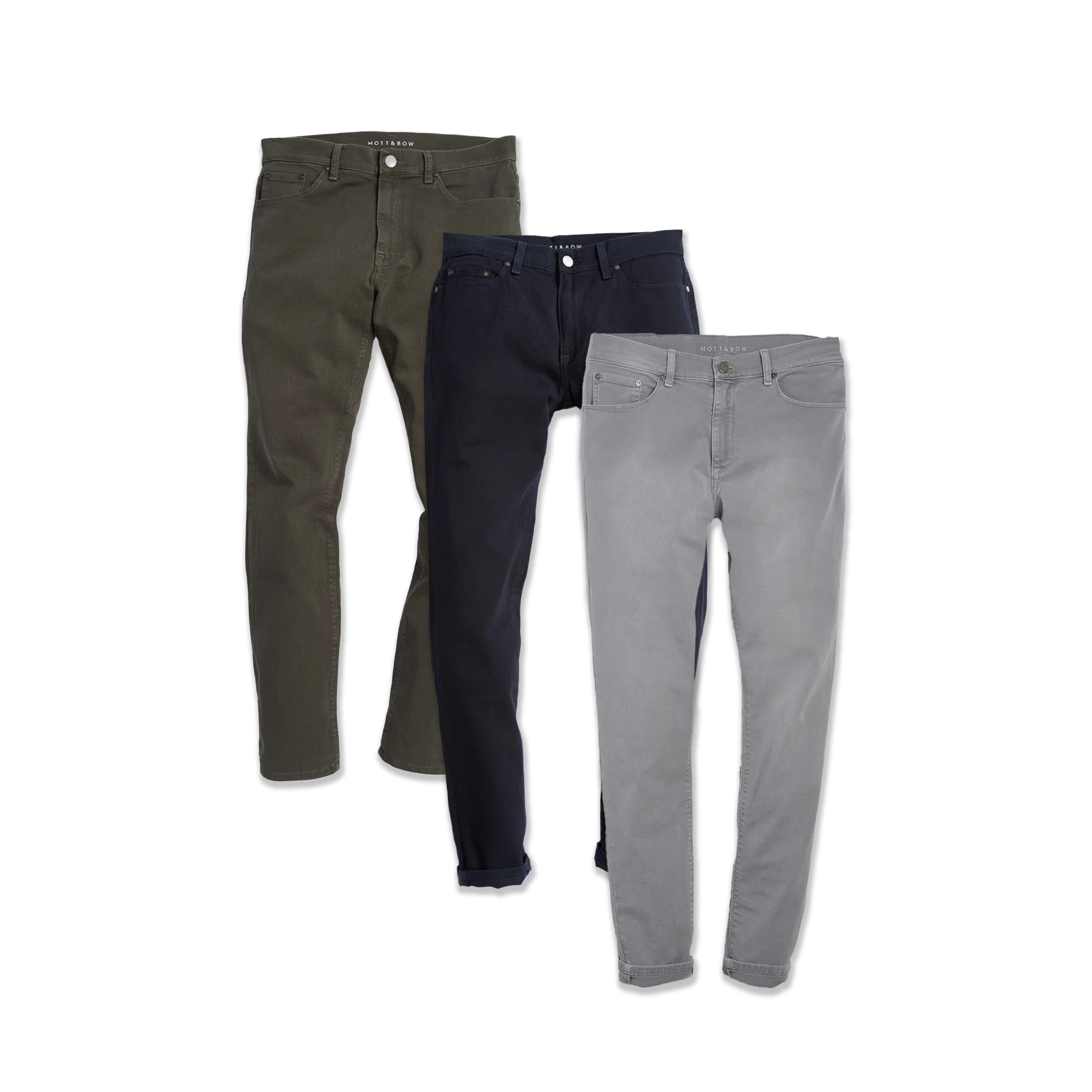  wearing Light Gray/Navy/Military Green Straight Mercer Jeans 3-Pack