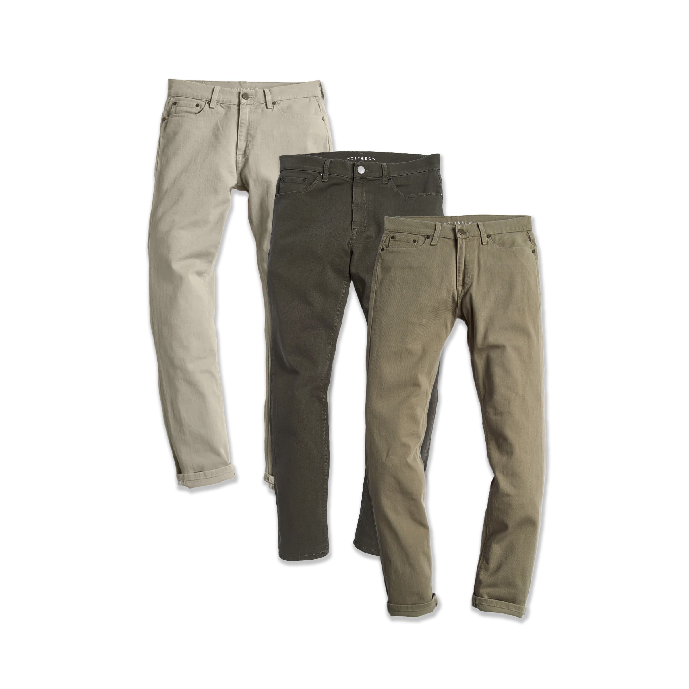  wearing Light Khaki/Military Green/Olive Slim Mercer Jeans 3-Pack