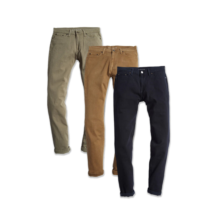  wearing Olive/Khaki/Navy Straight Mercer Jeans 3-Pack