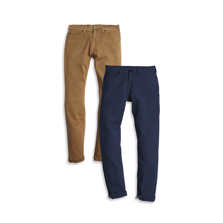  wearing Khaki/Blue Straight Mercer Jeans 2-Pack