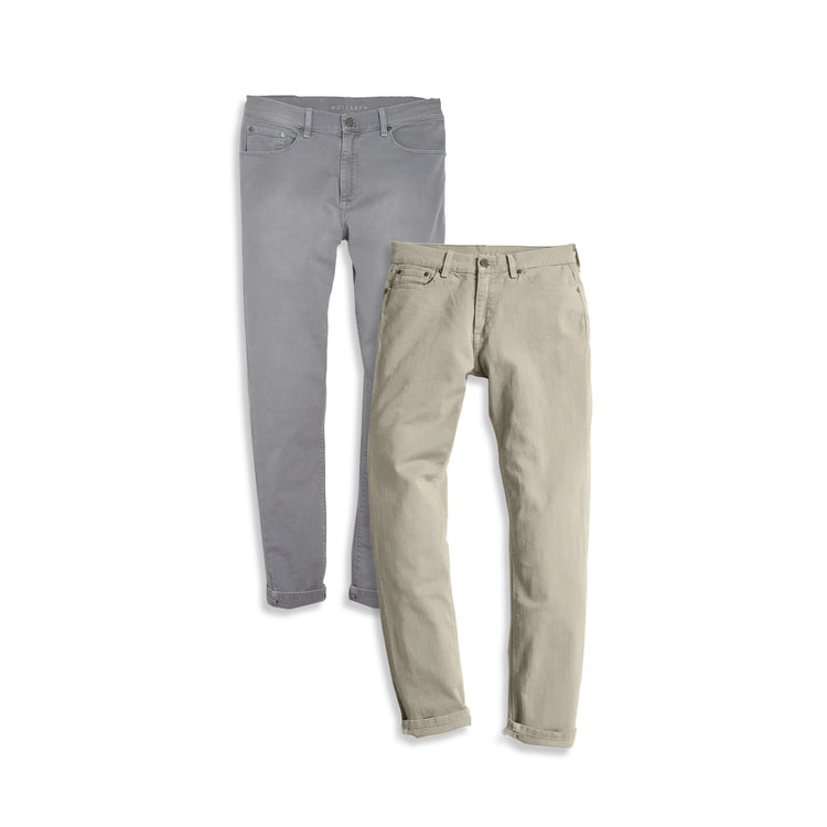  wearing Light Gray/Light Khaki Slim Mercer Jeans 2-Pack