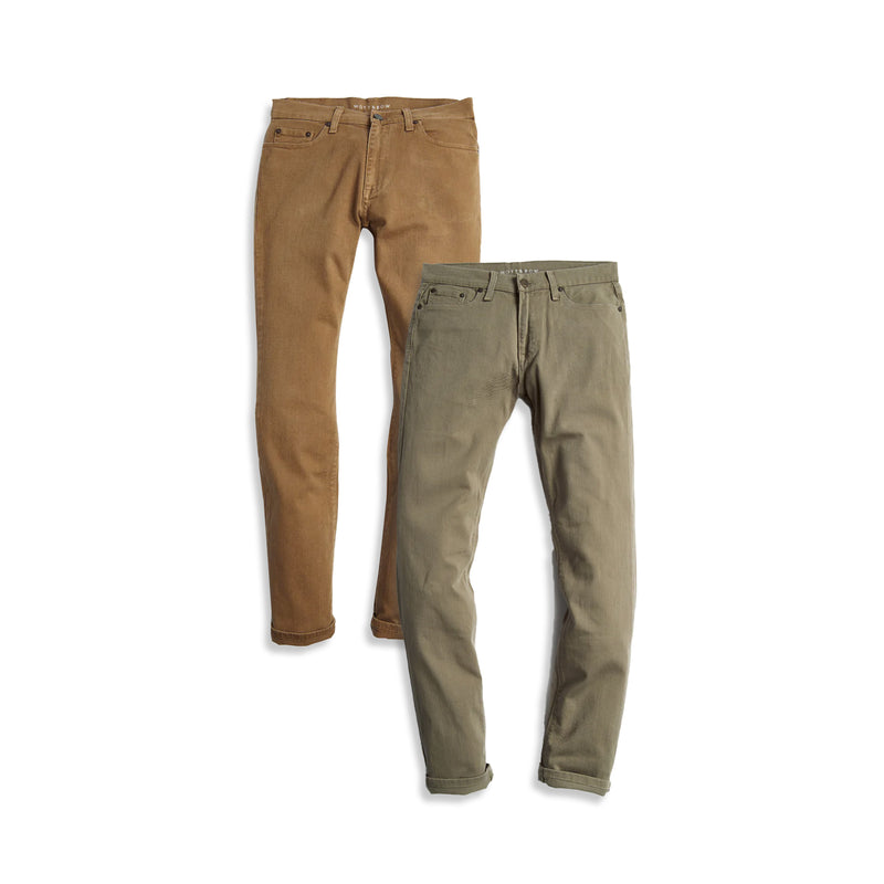  wearing Olive/Khaki Skinny Mercer Jeans 2-Pack