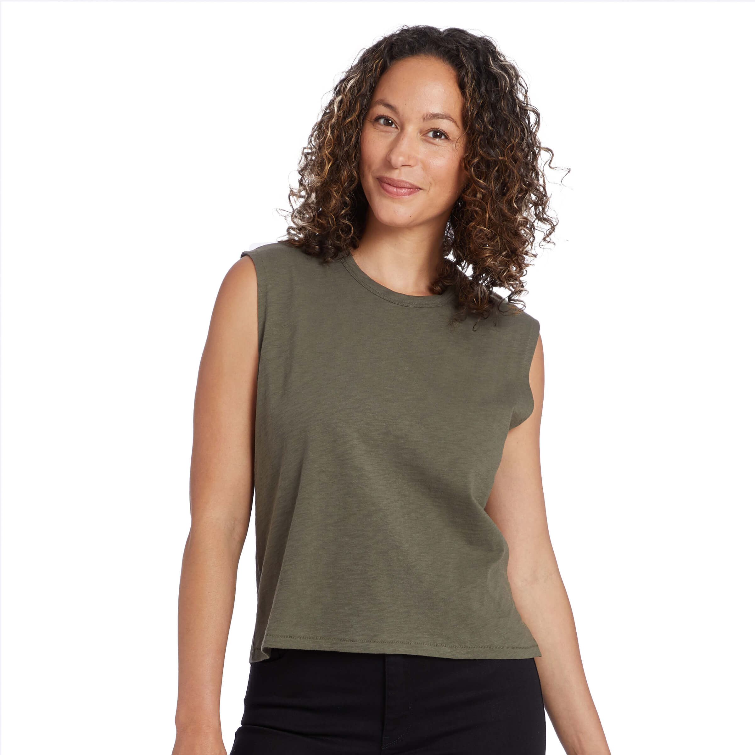 Women wearing Vert Militaire Relaxed Slub Tank Tee