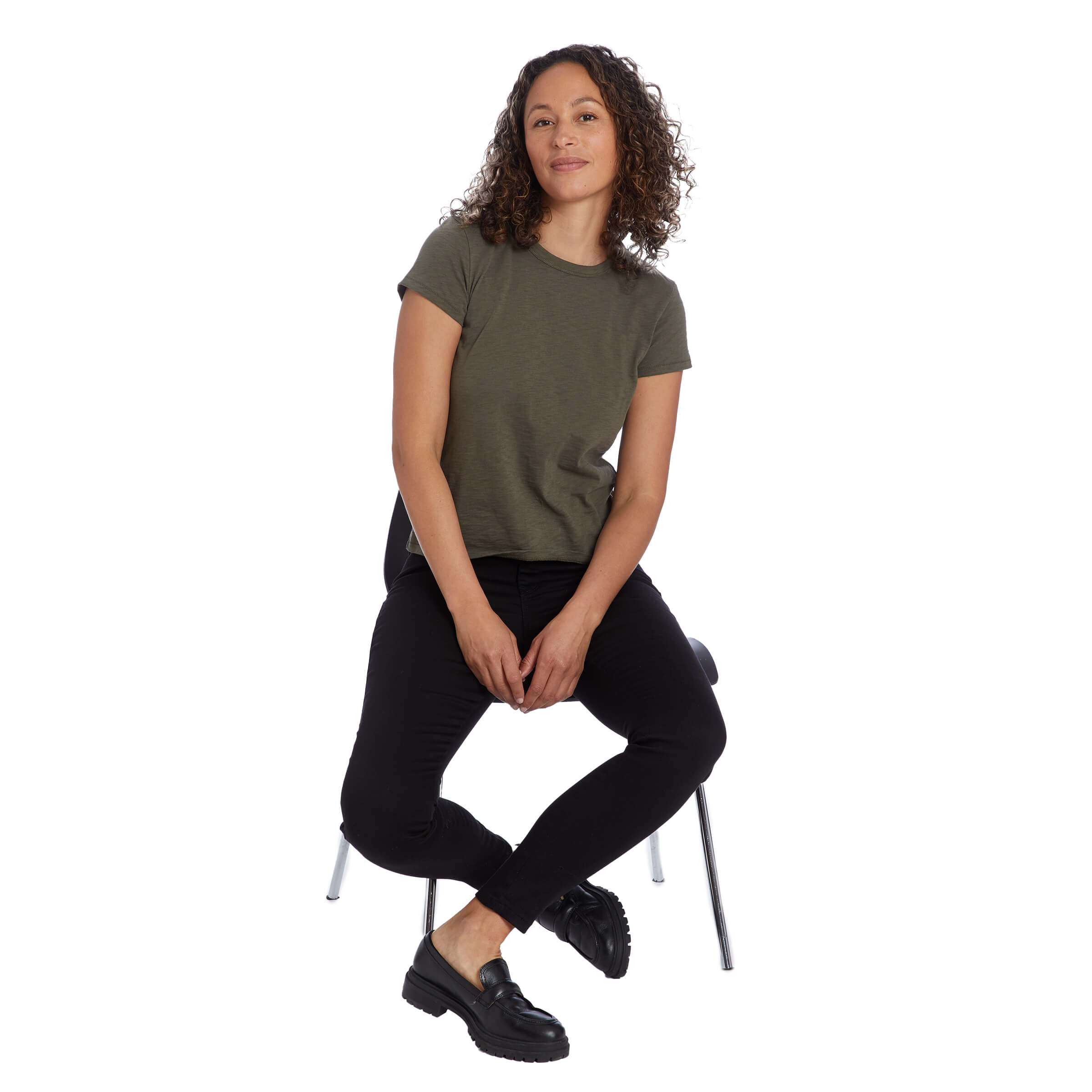 Women wearing Military Green Classic Crew Slub Tee