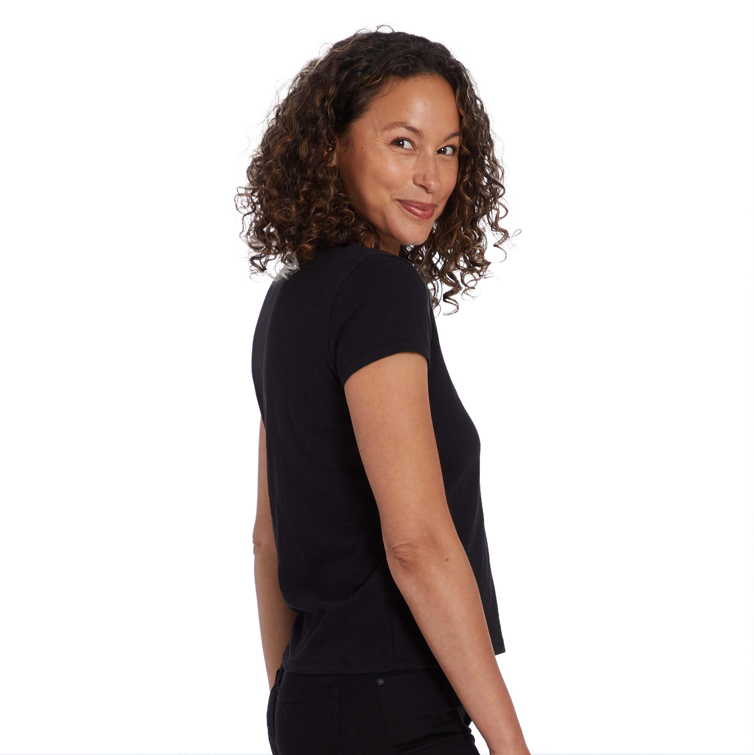 Women wearing Black Classic Crew Slub Tee