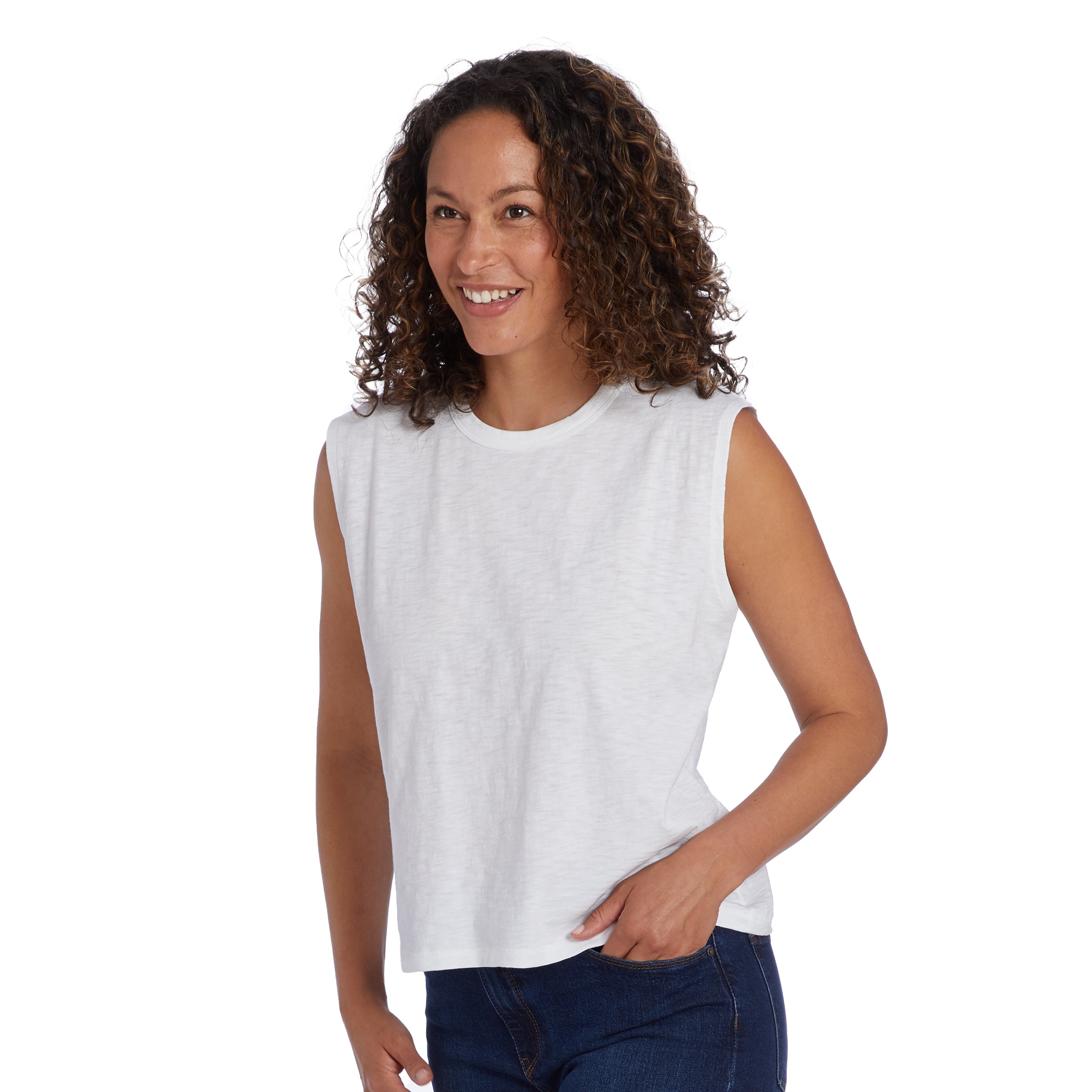 Women wearing White Relaxed Slub Tank Tee