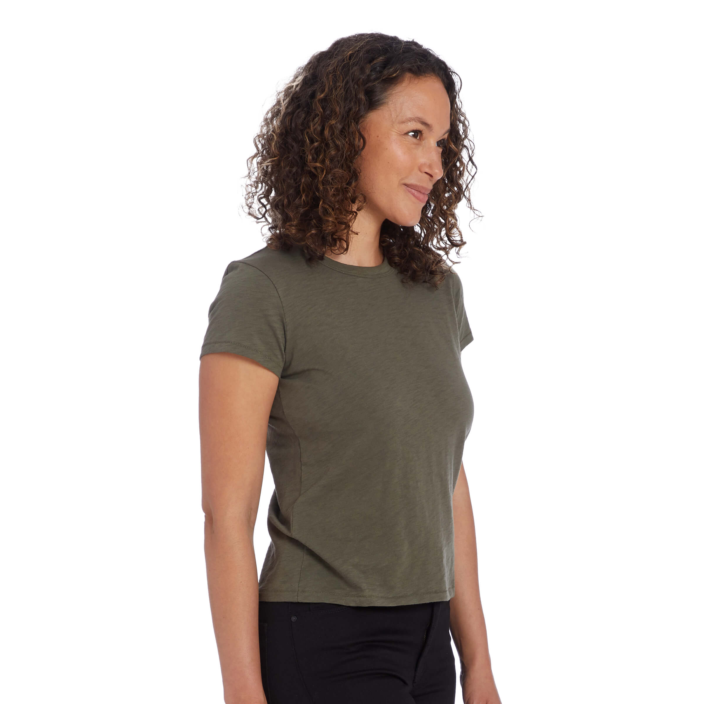 Women wearing Military Green Classic Crew Slub Tee