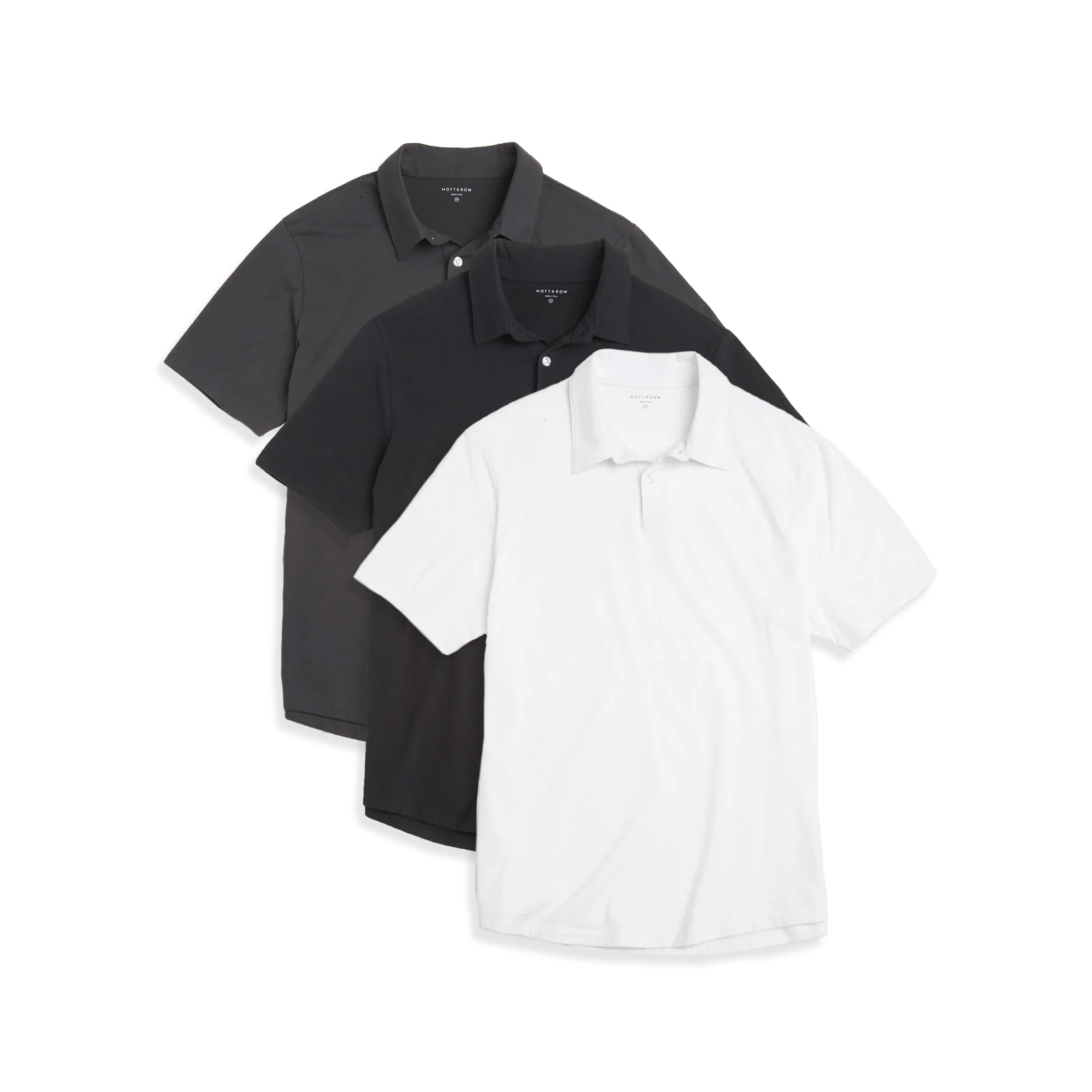  wearing White/Black/Dark Gray Jersey Sueded Polo 3-Pack